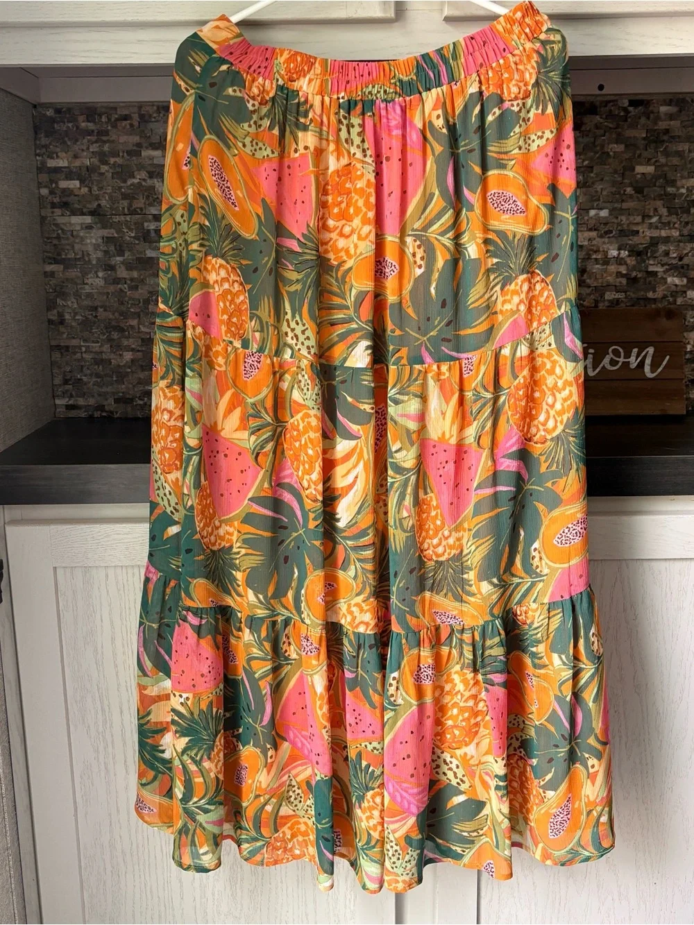 Tropical Tiered Maxi Skirt in Orange, Green & Pink